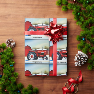 Papier Cadeau Tracteur rouge et grange rouge