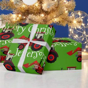 Papier Cadeau Tracteurs Red Farm sur Green Christmas