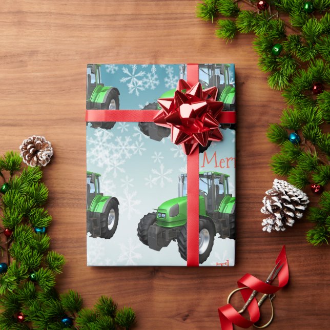 Papier Cadeau Tracteurs verts de ferme sur le Noël bleu (Cadeau de vacances)