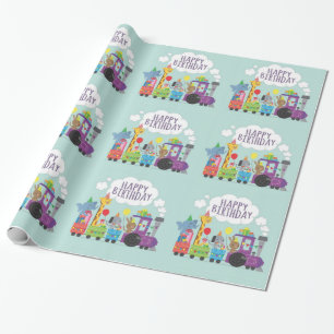 Papier Cadeau Train animal mignon de joyeux anniversaire
