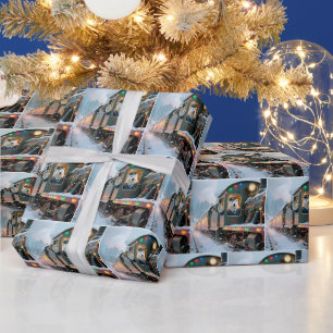 Papier Cadeau Train de Noël vintage avec ours polaire qui agite