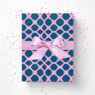 Papier Cadeau Treillis torsadé Netta en rose et bleu aqua profon