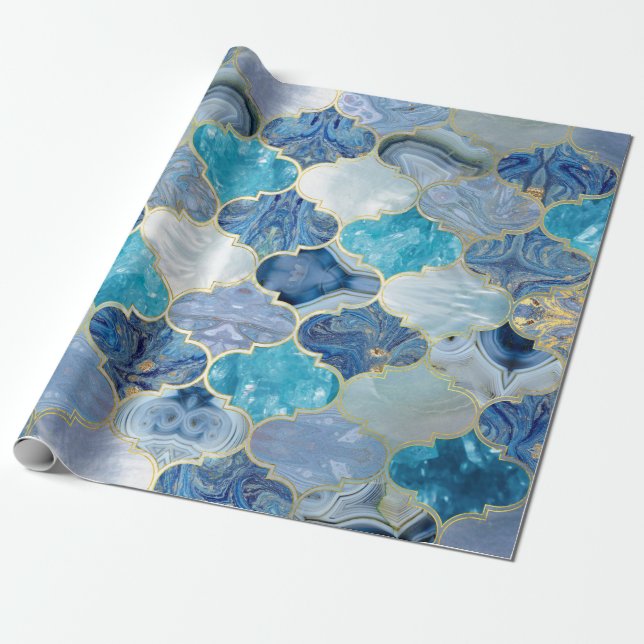 Papier Cadeau Trellis marocain Textures minérales bleues (Déroulé)