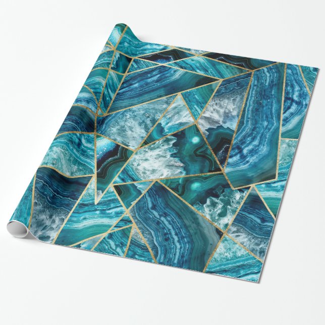 Papier Cadeau Triangle géométrique d'or de noir d'agate de bleu (Déroulé)