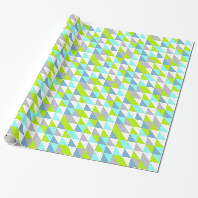 Papier Cadeau Triangles géométriques vert, gris bleu blanc Motif (Déroulé)