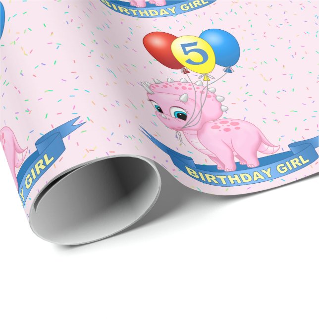 Papier Cadeau Triceratops mignon Dino de bébé de rose de fille (Coin rond)