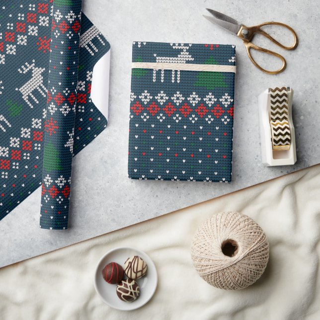 Papier Cadeau Tricot Motif Noël Pin Arbres Cerf Rustique (Artisanat)