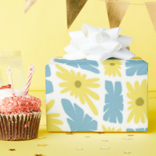 Papier Cadeau Trippy super Wavy 60s Flower Checks Jaune Bleu