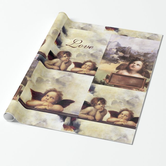 PAPIER CADEAU TROIS ANGELS EN NOËL BLEU JOY PAIX LOVE (Déroulé)