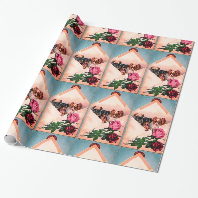 PAPIER CADEAU TROIS DOGGIES, ENVELOPPES AVEC ROSES (Déroulé)