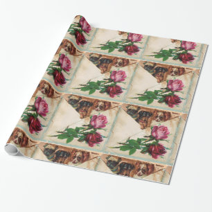 PAPIER CADEAU TROIS DOGGIES ET ROSES