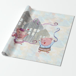 Papier Cadeau Trois petits cochons avec leurs maisons