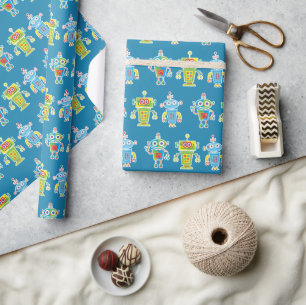 Papier Cadeau Trois robots colorés enveloppant du papier