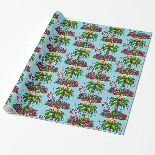 Papier Cadeau Tropical Christmas Holiday Palm Tree Motif (Déroulé)