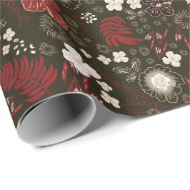 Papier Cadeau Tropical Christmas Red Sage Black Hibiscus Floral