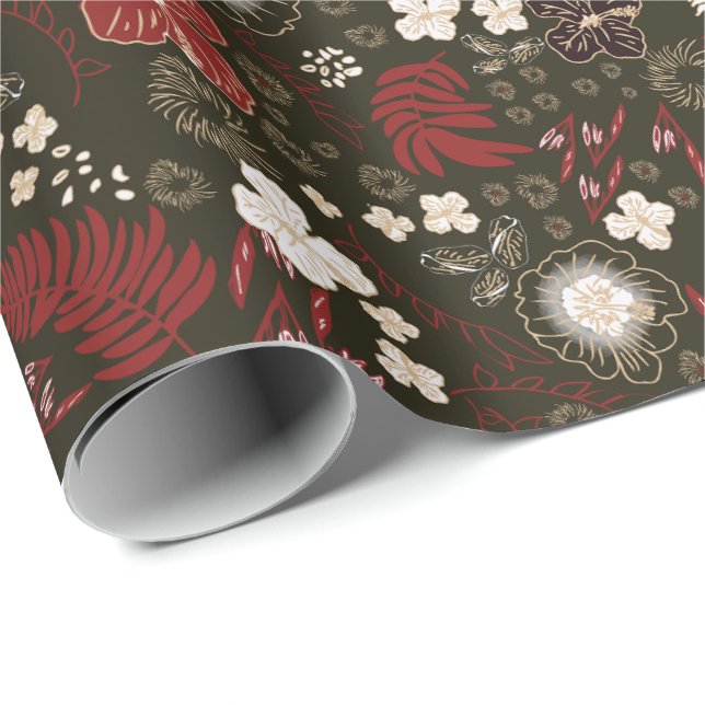 Papier Cadeau Tropical Christmas Red Sage Black Hibiscus Floral (Coin rond)