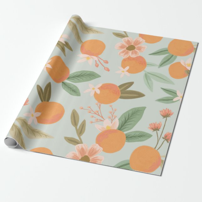 Papier Cadeau Tropical Citrus Floral Mint Green (Déroulé)