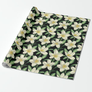 Papier Cadeau Tropical continu motif fleurs blanches feuille ver