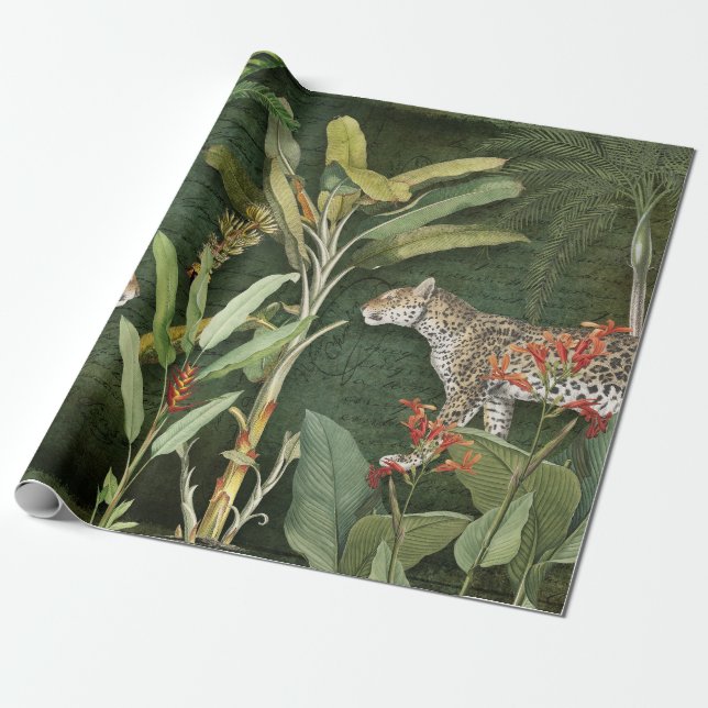 Papier Cadeau Tropical Floral Leopard Jungle Déplacement  (Déroulé)