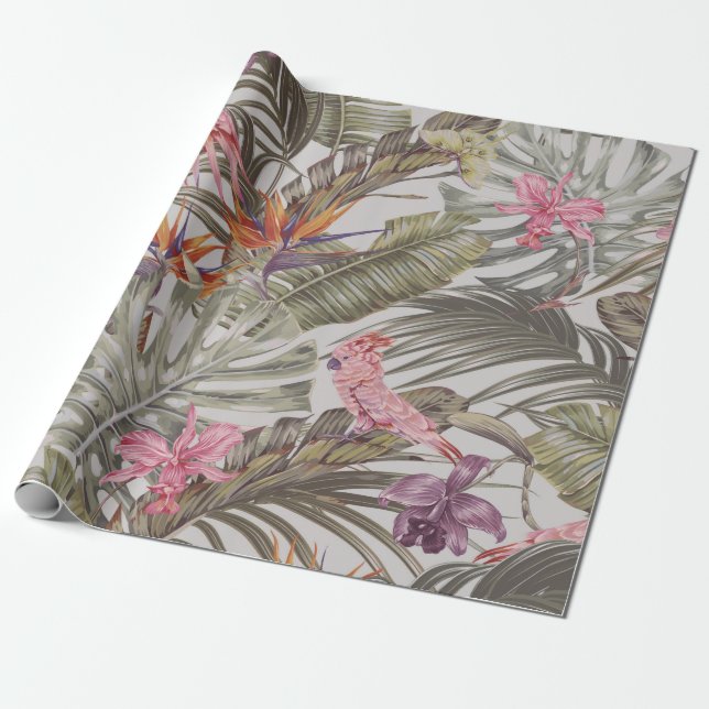 Papier Cadeau Tropical flowers,  palm leaves,  bird of paradise  (Déroulé)