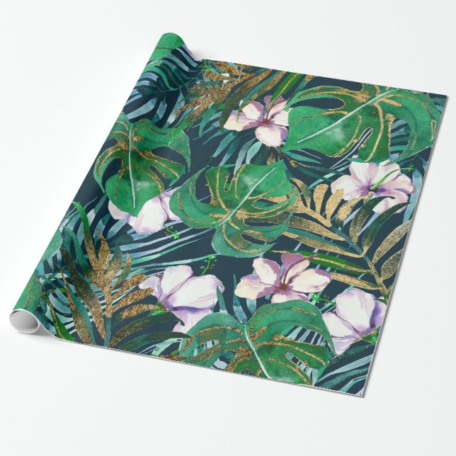 Papier Cadeau Tropical Green Lilac Gold Monster Feuille Floral (Déroulé)