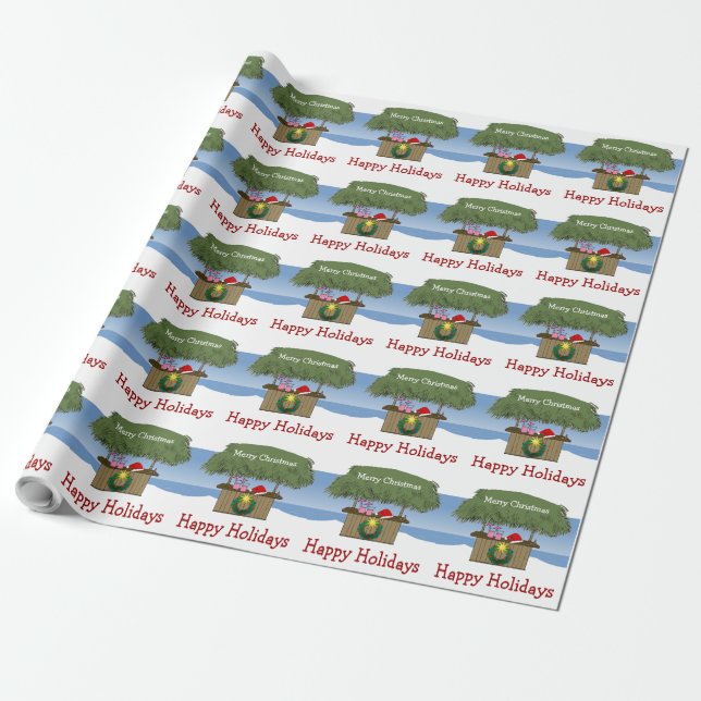 Papier Cadeau Tropical Island Tiki Hut Bar Beach Joyeux Noël (Déroulé)
