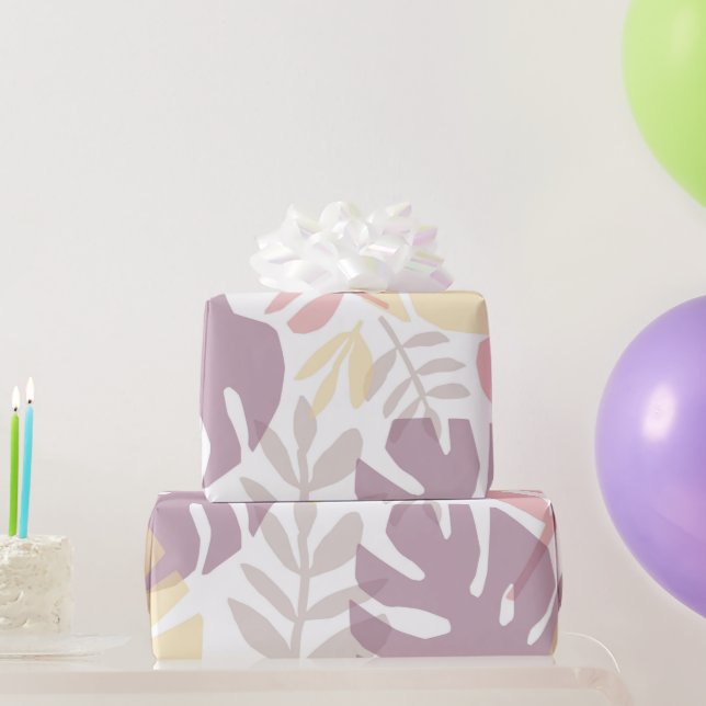 Papier Cadeau Tropical Pastel Jaune Lavande Feuilles Monstera (Cadeaux de fête)