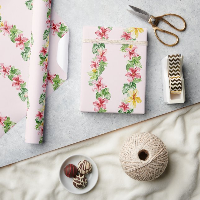 Papier Cadeau Tropical Pink Yellow Hibiscus Flowers Birthday (Artisanat)