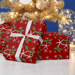 Papier Cadeau Tropical Starfish and Holly Red Christmas Paper