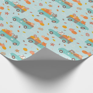 Papier Cadeau Trucs Citrouilles mignons avec Animaux bleu clair