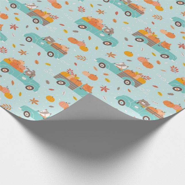 Papier Cadeau Trucs Citrouilles mignons avec Animaux bleu clair (Coin)