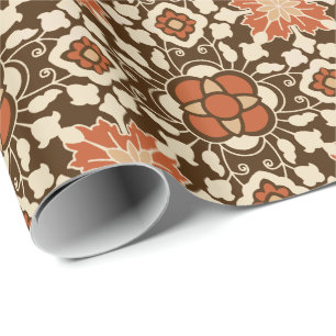Papier Cadeau Tuile marocaine florale, brun, rouille et beige