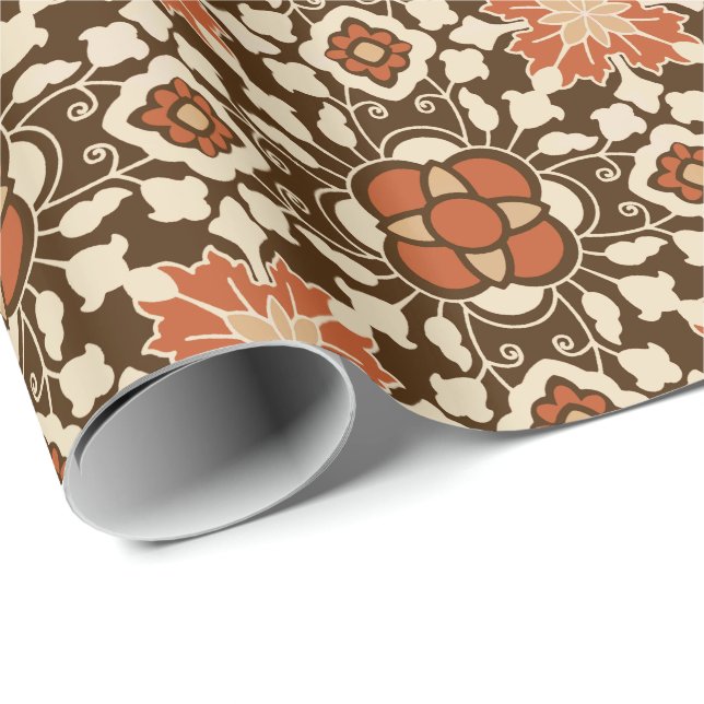 Papier Cadeau Tuile marocaine florale, brun, rouille et beige (Coin rond)