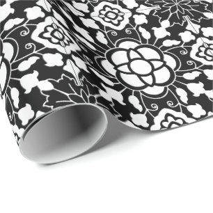 Papier Cadeau Tuile marocaine florale, noire et blanche