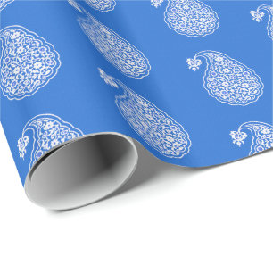 Papier Cadeau Tuile persane Paisley - blanc sur le bleu de
