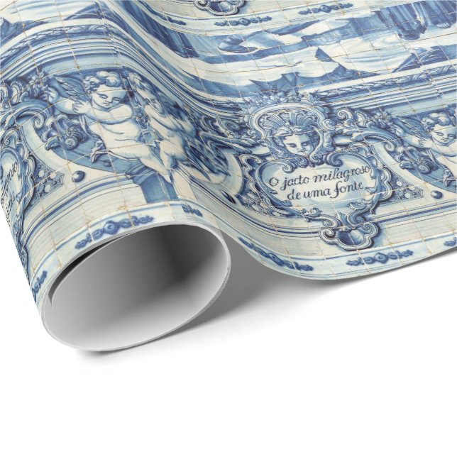 Papier Cadeau Tuiles murales portugaises bleues et blanches avec (Coin rond)