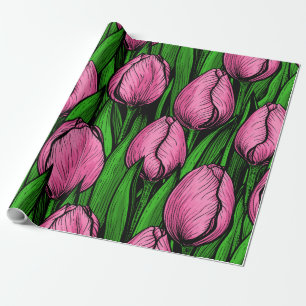Papier Cadeau Tulières roses avec feuilles verts