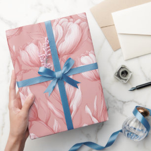Papier Cadeau Tulipe Rose Pâle Motif Floral Blanc