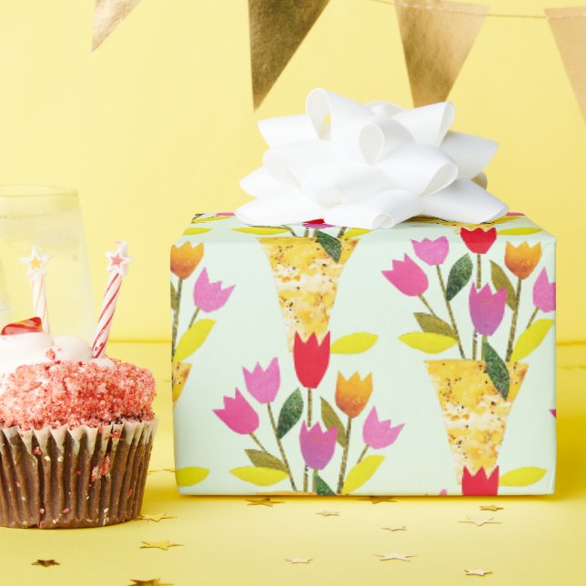 Papier Cadeau Tulipes D'Inspiration Rétro - Mi-siècle Illustré À (Fête d'anniversaire)