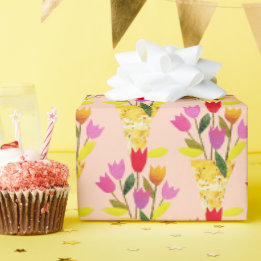 Papier Cadeau Tulipes D'Inspiration Rétro - Mi-siècle Illustré À
