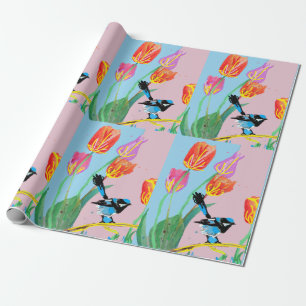 Papier Cadeau Tulipes en métal bleu fleurs d'art Aquarelle envel