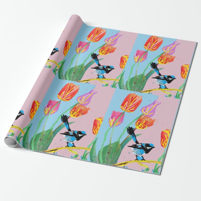 Papier Cadeau Tulipes en métal bleu fleurs d'art Aquarelle envel (Déroulé)