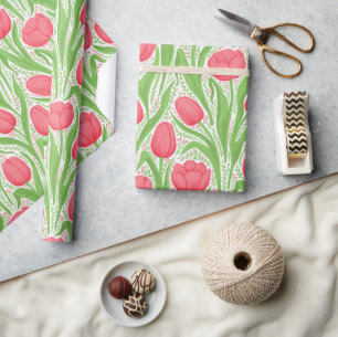 Papier Cadeau Tulipes en rouge et vert