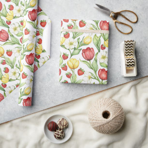 Papier Cadeau Tulipes Fleurs Jaunes Rouges Fraises