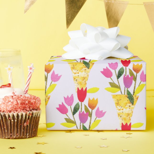 Papier Cadeau Tulipes Inspirées Rétro Illustrées à la Main Milie (Fête d'anniversaire)