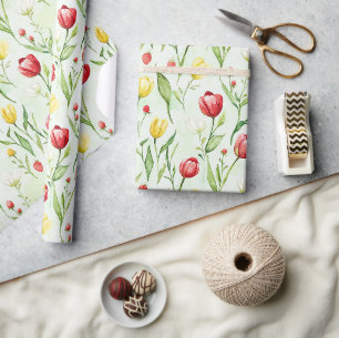 Papier Cadeau Tulipes Jaunes Rouges Anniversaire