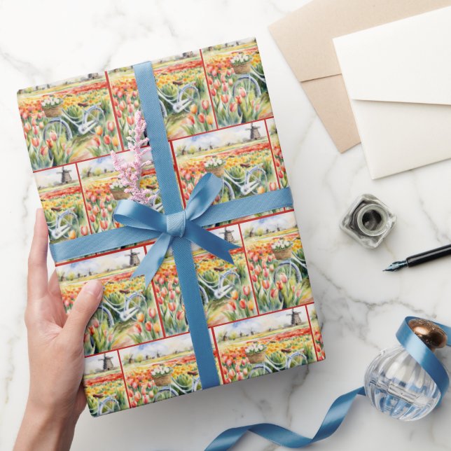 Papier Cadeau Tulipes Néerlandaises Dans Panier À Vélo (Cadeaux)