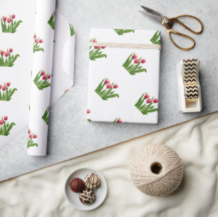 Papier Cadeau Tulipes rouges avec verdure sur blanc
