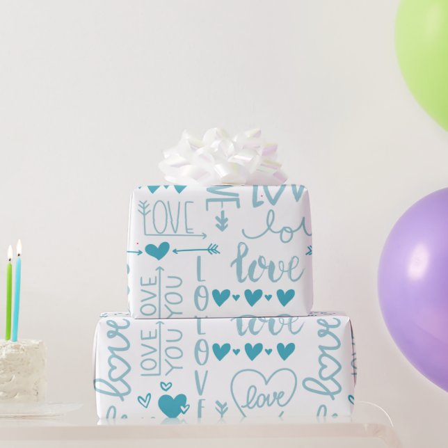 Papier Cadeau Turquoise Amusement et Amour Moderne et Coeurs (Cadeaux de fête)