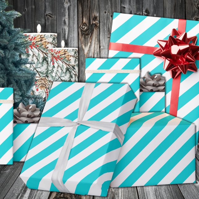 Papier Cadeau Turquoise Aqua Blue Wide Stripe Holiday (Turquoise Aqua Blue Wide Stripe Holiday Wrapping in 6 and 15 foot long 30 Inch Width Rolls
)